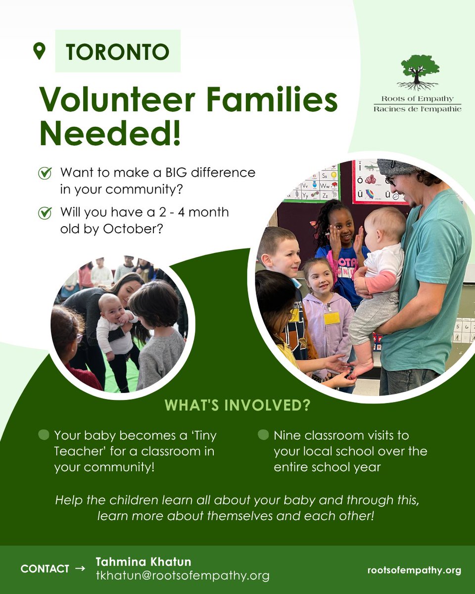 RootsofEmpathy's tweet photo. Attention families in #Toronto #Ontario? Will you have a baby aged 2-4 months in October?

Your family could make a lasting difference in the lives of children in your community!

Roots of Empathy is centred around your baby becoming the ‘Tiny Teacher’ in a classroom. Volunteer Parents bring their babies into a classroom, and guided by a Roots of Empathy Instructor, the children are encouraged to read your baby’s emotional cues and take your baby’s perspective, which can lead to the development of prosocial skills such as empathy and inclusion.

Contact: Tahmina Khatun at tkhatun@rootsofempathy.org