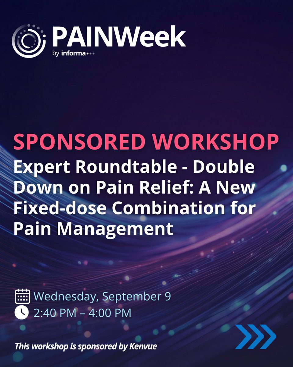 PAINWeek's tweet photo. 💡Expert Roundtable - Double Down on Pain Relief: A New Fixed-dose Combination for Pain Management💡

➡️https://t.co/szxIOhag0m

This workshop is sponsored by Kenvue Brands LLC https://t.co/HB95t47eH6