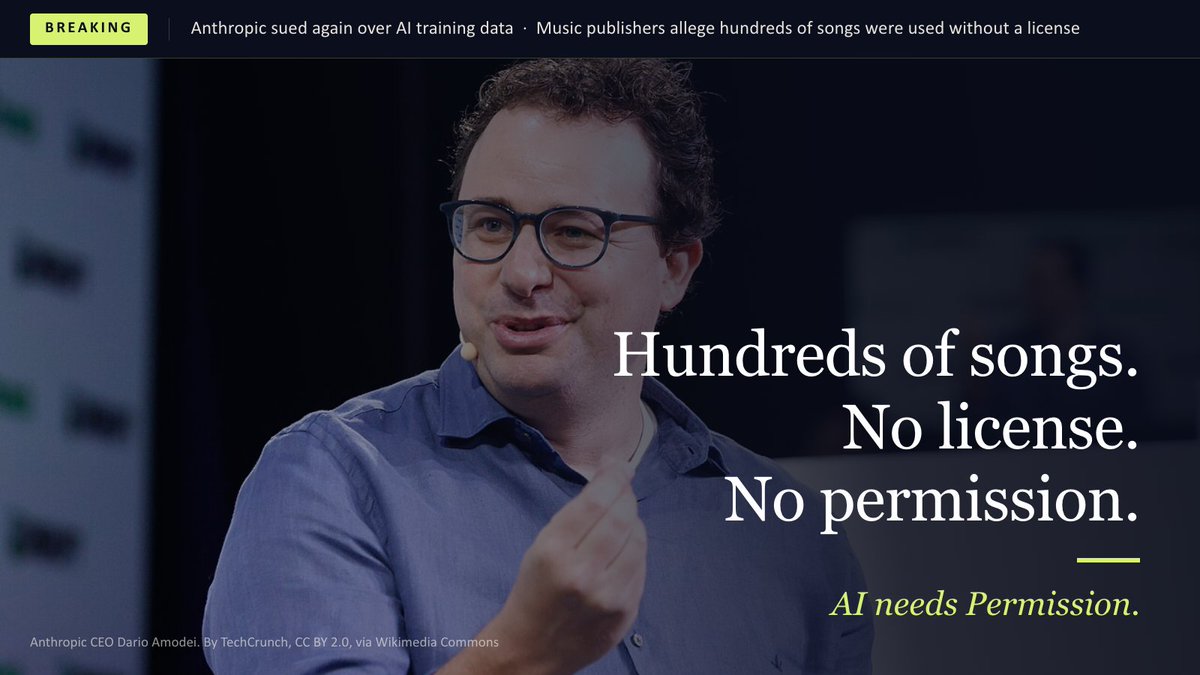PermissionIO's tweet photo. Anthropic is being sued, again, for allegedly training its AI on hundreds of songs it never had permission to use.

We built Permission on the opposite premise. Nothing trains on your data. Nothing gets sold. Ever. https://t.co/IKdOtpz0HV