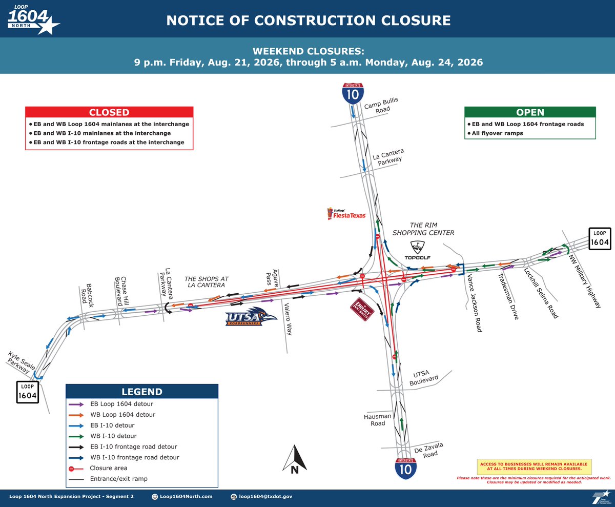 TxDOTSanAntonio's tweet photo. Progress continues on the #Loop1604North Expansion Project!
Closures: 9 PM Fri., Aug. 21 to 5 AM Mon., Aug. 24
All flyovers remain open
Plan ahead and follow posted detours. Visit https://t.co/4XpsXjtVVg for updates. https://t.co/b9S08eBr8q