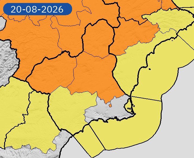 LopezMirasF's tweet photo. Atención. Nuevos avisos de la @AEMET_Murcia para hoy jueves:

🟠 Naranja por lluvias en el Altiplano.
🟠 Naranja por tormentas en el Altiplano, Noroeste y Vega del Segura.
🟡 Amarillo por lluvias en el Noroeste, Vega del Segura, Valle del Guadalentín, Lorca y Águilas.
🟡 Amarillo por tormentas en el Valle del Guadalentín, Lorca y Águilas.
🟡 Amarillo por fenómenos costeros.

Mucha precaución e información a través de los canales oficiales.