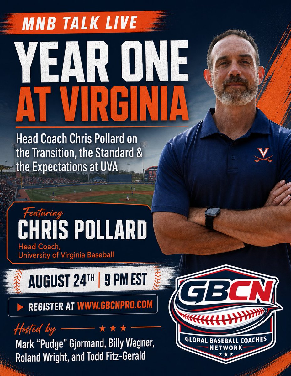 gbcn_fo's tweet photo. ⚔️ Year One at Virginia.

UVA Head Coach, Chris Pollard joins #MNBTalkLive to discuss the transition, the standard, and the expectations at UVA.

📅 Aug. 24 | 9 PM EST
🎟️ https://t.co/Jcr968Fj36

#VirginiaBaseball #CollegeBaseball #BaseballCoaching https://t.co/vPzGOYVo7I