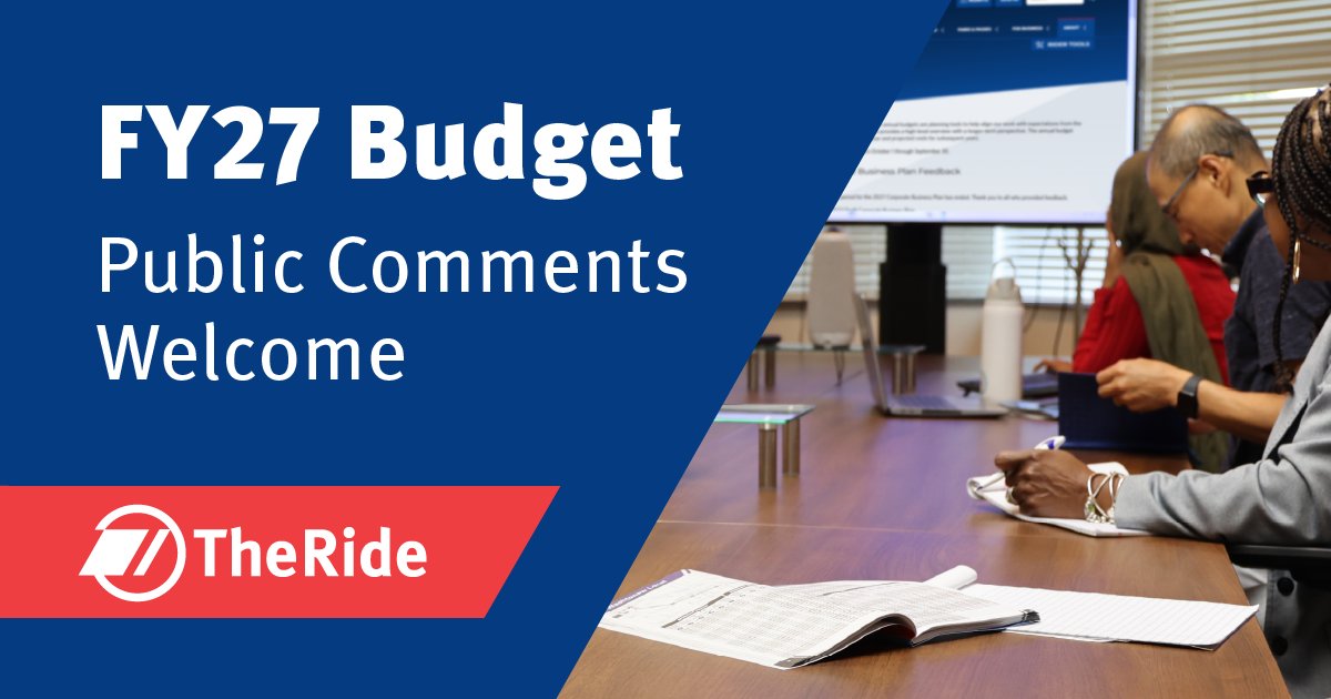 CatchTheRide's tweet photo. We want to hear from you! Share your feedback on TheRide's Fiscal Year 2027 Budget Proposal through September 17. Learn more: https://t.co/ZlLWAkFxrz. https://t.co/JkXS2gGlIp