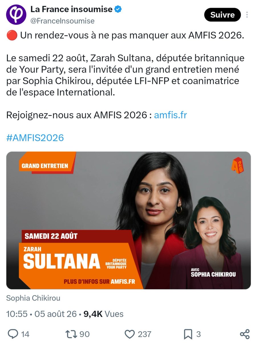 HannahStasi's tweet photo. 🔴🇬🇧🇫🇷 - Zarah #Sultana, co-leader of Jeremy #Corbyn's #YourParty, will be interviewed in front of #LaFranceInsoumise fan base during the party's summer gathering by Sophia #Chikirou, the girlfriend and right-hand woman of Jean-Luc #Mélenchon. 👇
👀 @HeidiBachram https://t.co/YUtxfTc04F