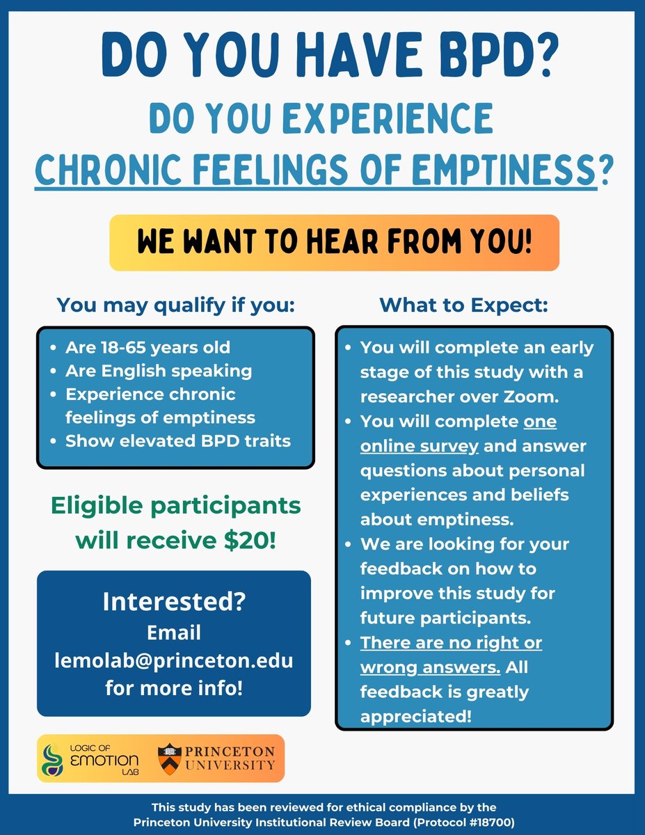 LogicEmotionLab's tweet photo. We're looking for participants ages 18-65 to participate in a study about chronic emptiness. You must be fluent in English. If you're interested, please email us (lemolab@princeton.edu) with the subject line "Emptiness Study". #psychology #research #recruiting #princeton https://t.co/64eqWrDW11