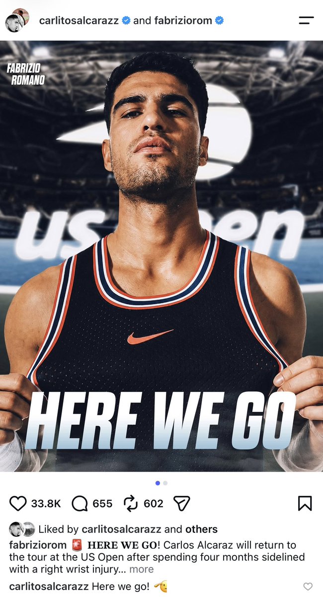 TheTennisLetter's tweet photo. BREAKING:

Carlos Alcaraz confirms he will play the 2026 US Open. 

Great news. ❤️ https://t.co/qlsuw2Ydof