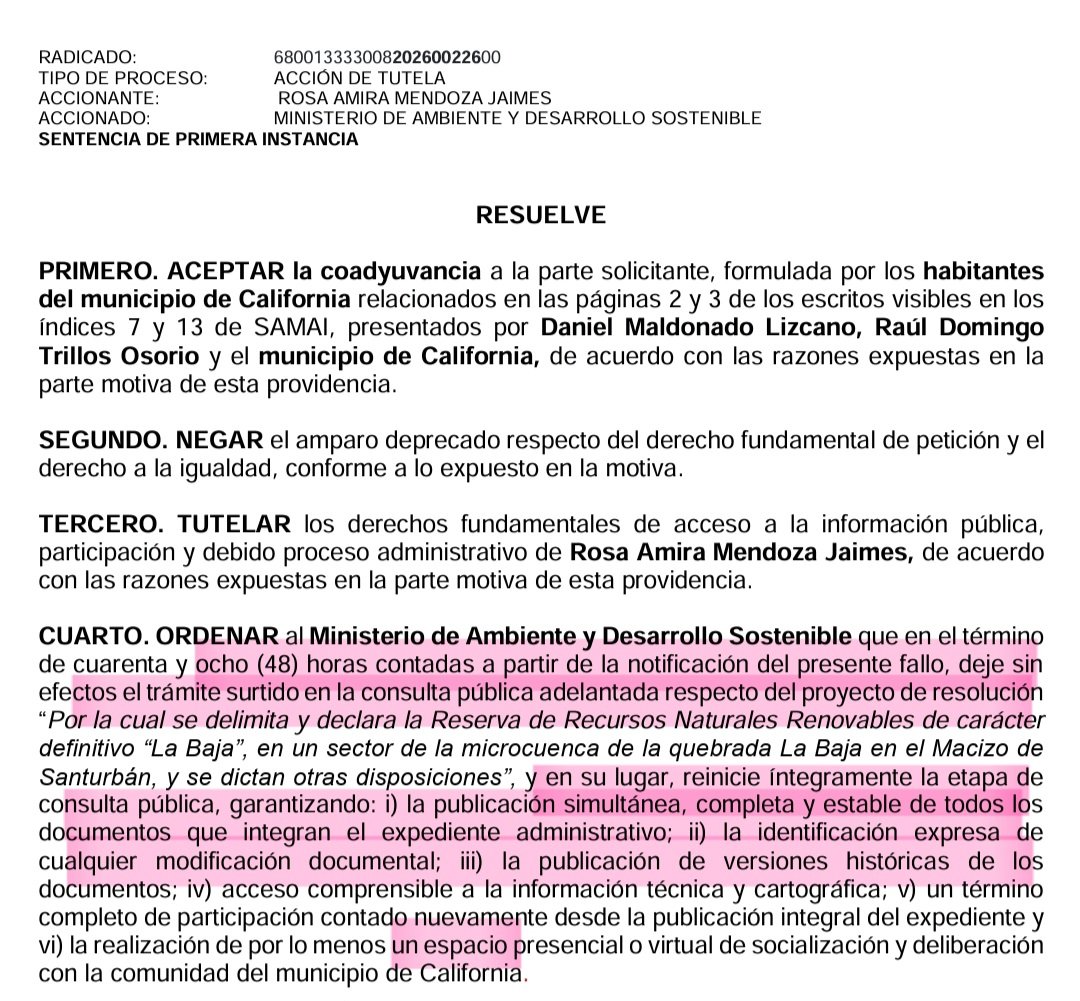 ComiteSanturban's tweet photo. Ministro @fabio_arjona, estas declaraciones están muy lejos de ser “técnicas”. Quien está metiéndole dogma e ideología a la discusión es usted, y además le está mintiendo al país:

1. El fallo NO le ordenó hacer una “evaluación integral” de la resolución. Ordenó dejarla sin efecto y reabrir el proceso de consulta, publicando nuevamente el expediente para garantizar la información y participación ciudadana. Esa supuesta “evaluación integral” se la está inventando usted ahora porque en realidad lo que quiere es dilatar el proceso para no volver a proteger precisamente las zonas donde está el proyecto de Aris Mining que usted tanto defiende.

2. La resolución no cayó por falta de sustento técnico o científico. El fallo no ordenó modificar sus fundamentos. Esa protección se soporta, entre otros elementos, en cerca de dos años de estudios isotópicos del Servicio Geológico Colombiano, que identificaron la importancia hídrica de esas zonas para el abastecimiento de agua de dos millones de personas.

3. Sobre la minería ilegal: ya entendimos que ustedes quieren venderle al país la idea de que la solución es entregarles el territorio a las multinacionales. Pero, como decimos en Santander: ¡taca burro! Santurbán no puede ser explotado ni por ilegales ni por multinacionales. Eso debería entenderlo, ante todo, el Ministro de AMBIENTE.

Y además le informamos que nosotros tenemos una denuncia ante la Fiscalía por la minería ilegal para que las autoridades investiguen.

¿Qué ha hecho usted? ¿Y, sobre todo, qué va a hacer?

Deje las frases de cajón para buscar titulares de prensa y empiece a actuar con la seriedad que exige la protección del agua de millones de personas.
