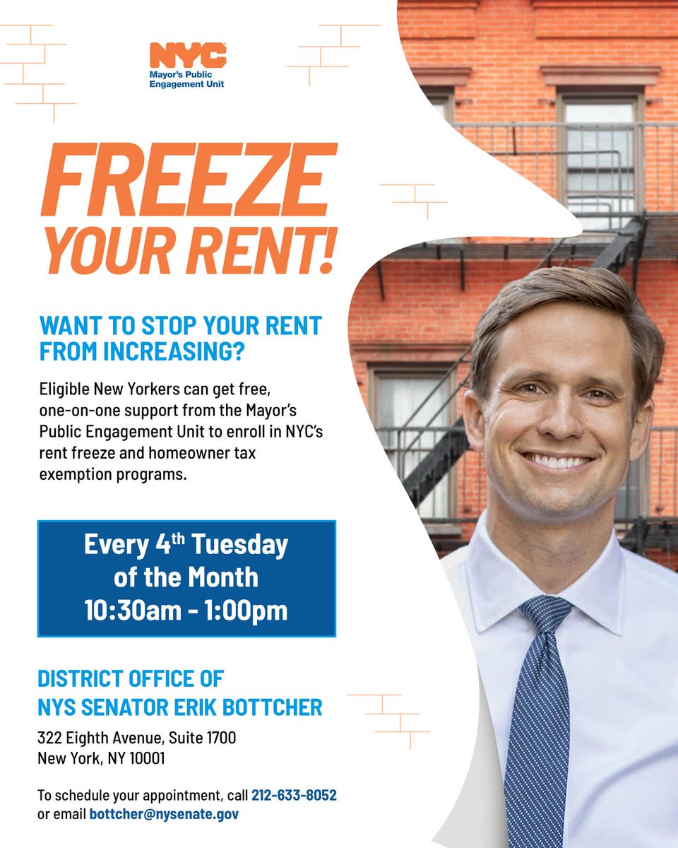 NYSErikBottcher's tweet photo. Helping seniors and New Yorkers with disabilities remain in their homes is one of the most important ways we can protect affordability in our community.

That is why my office is proud to partner with the @MayorsPEU to offer free, one-on-one assistance for eligible residents https://t.co/8IKykX68S2