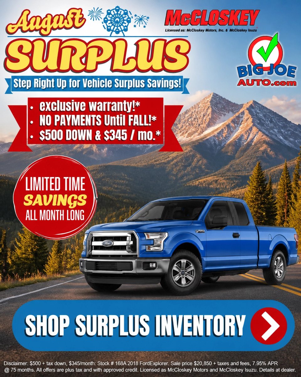 bigjoeauto's tweet photo. Your current ride could unlock instant savings! Shop McCloskey Motors’ August Vehicle Surplus Clearance and ask about some of the highest trade allowances around. #McCloskeyMotors #ColoradoSprings https://t.co/ZzhlFgH0EE