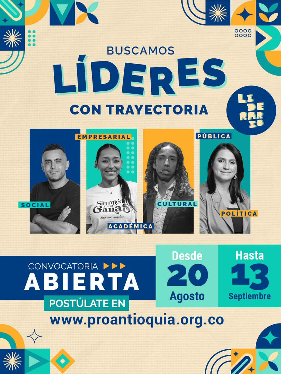 proantioquia1's tweet photo. 📣✨ Hoy más que nunca, Colombia necesita de sus líderes.

🇨🇴 Si tienes una trayectoria de liderazgo, este llamado es para ti. Postúlate a la sexta cohorte de #Liderario, un espacio para quienes quieren poner su experiencia, sus ideas y su talento al servicio de los grandes desafíos de nuestra región y nuestro país.

🔭 Postúlate a la sexta cohorte de #Liderario en https://t.co/VO0KSAlYVW y sé parte de una nueva generación de líderes que quieren aportar a la transformación de Colombia.