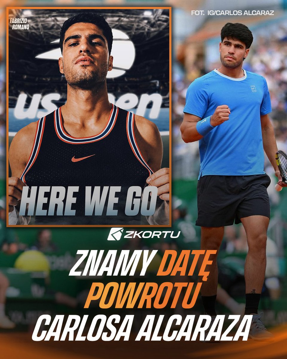 z_kortu's tweet photo. 🚨 CARLOS ALCARAZ WRACA DO GRY! 🚨

Hiszpan zagra w tegorocznym US Open i stanie przed szansą na obronę tytułu!

Tak głośny news nie mógł być ogłoszony w zwykły sposób. Carlitos współtworzył na Instagramie post ze znanym włoskim dziennikarzem Fabrizio Romano, a całość została opatrzona jego słynnym: HERE WE GO! 💣

#zkortu | #USOpen | 📸 IG/Carlos Alcaraz