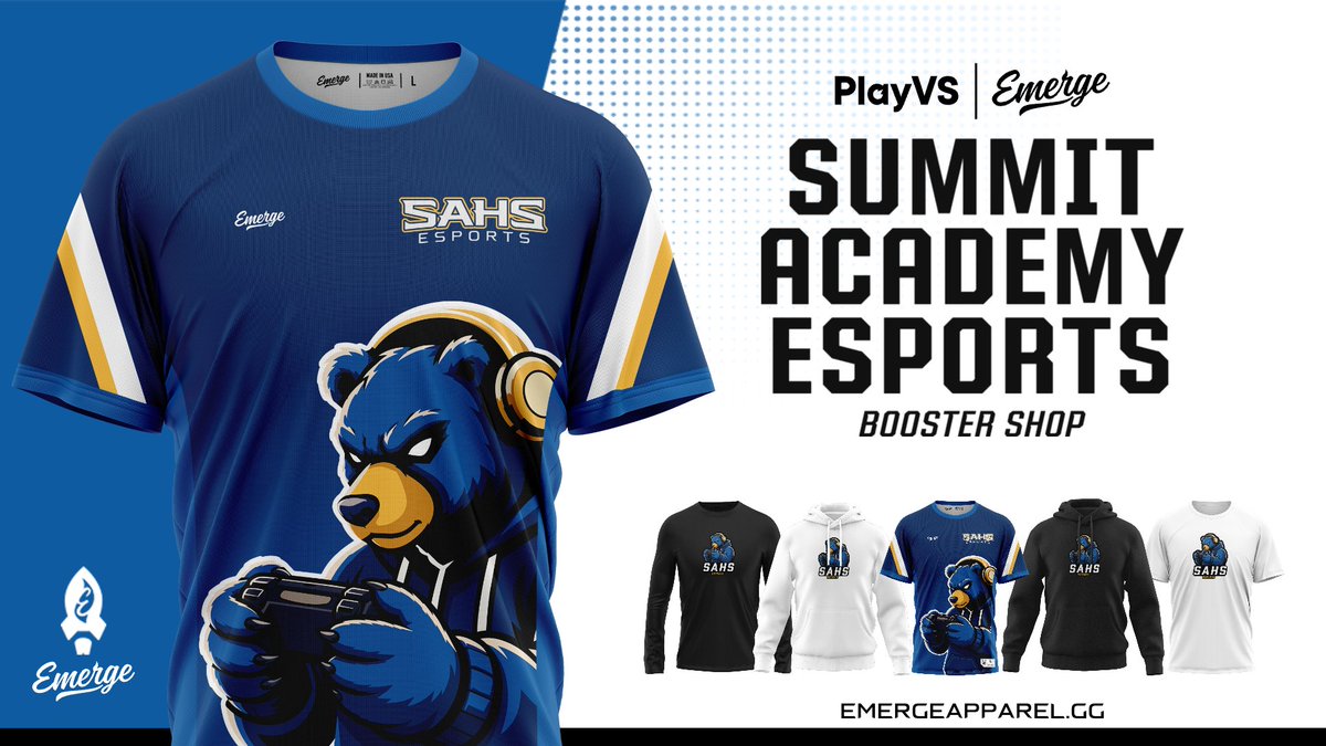 Emerge_GG's tweet photo. Big news for Summit Academy! 💥

In partnership with @playvs, the Esports Booster Shop is NOW LIVE!

Want to launch an official merch store for your school or org? Let's get it setup at ZERO COST. https://t.co/kLBwdaUFIh