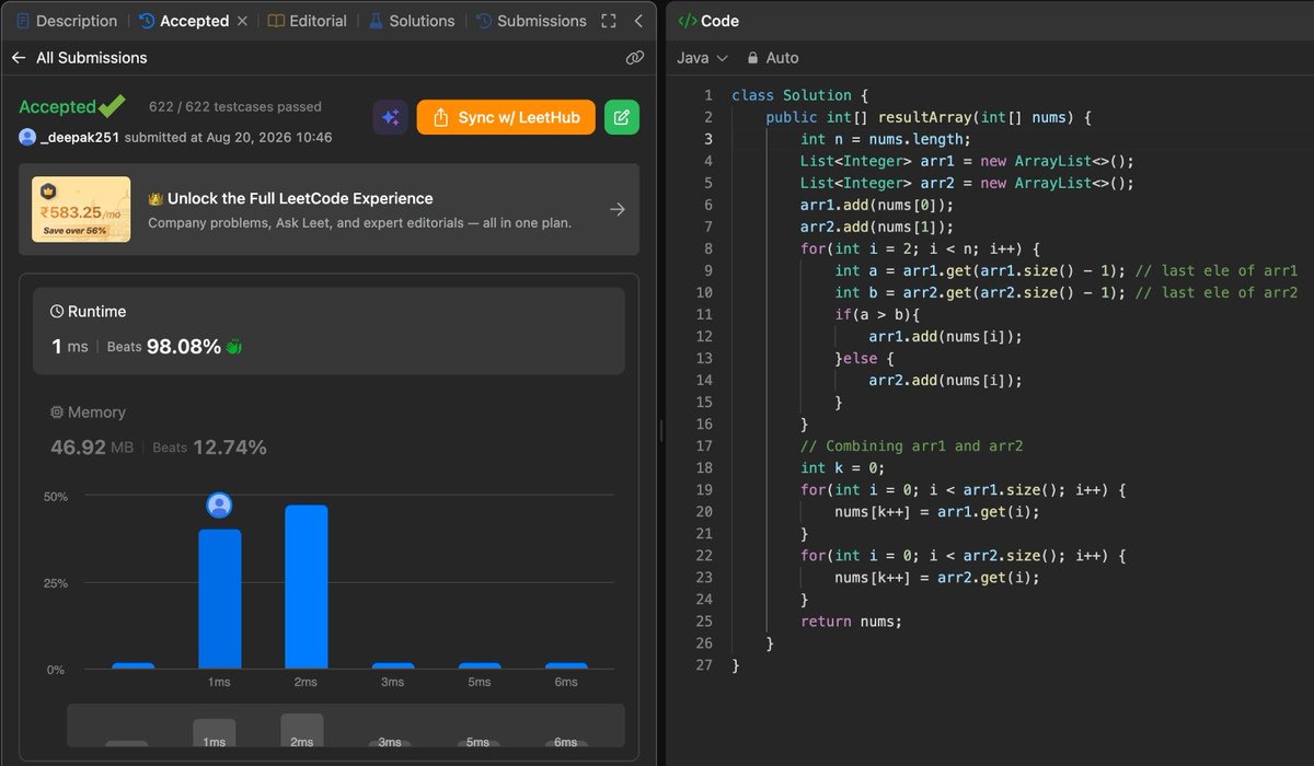 _deepak25's tweet photo. 📌 Day 231/365 of #365DaysOfDSA 🚀
Solved 1 DSA Problem Today
✅ LC 3069 – Distribute Elements Into Two Arrays I
🔹Split elements into two arrays based on their last elements, then merge them back.
#DSA #LeetCode #Java #CodingJourney #100DaysOfDSA https://t.co/ye1KF08oPq
