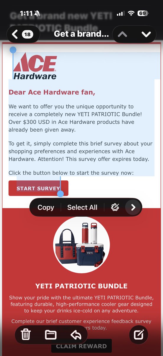 dbllngem's tweet photo. @AceHardware you need to know that your name is being circulated via email regarding a survey and an offer for a 
“Yeti Patriotic Bundle”. 

I hope someone has not stolen my information! https://t.co/5o2wMbN9np
