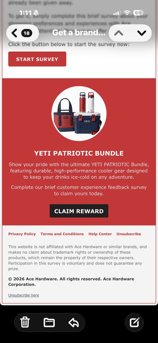 dbllngem's tweet photo. @AceHardware you need to know that your name is being circulated via email regarding a survey and an offer for a 
“Yeti Patriotic Bundle”. 

I hope someone has not stolen my information! https://t.co/5o2wMbN9np