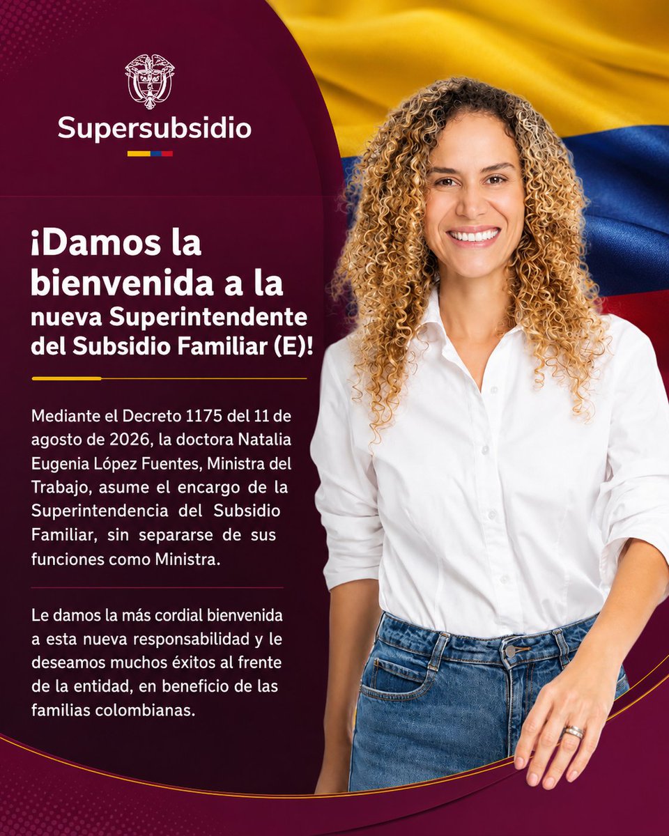 Supersubsidio's tweet photo. ¡Una nueva etapa comienza en la Supersubsidio! 🤝✨

Recibimos con alegría a Natalia Eugenia López Fuentes como Superintendente del Subsidio Familiar (E). Le damos una cálida bienvenida y nuestros mejores deseos en esta labor al servicio de las familias colombianas. 🇨🇴

#Supersubsidio #SubsidioFamiliar