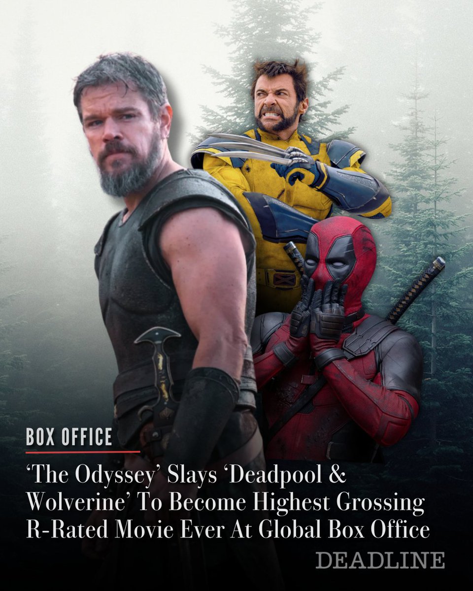 DEADLINE's tweet photo. It’s official, Universal���s #TheOdyssey has become the highest grossing R-rated movie ever at the global box office with $1.352 billion, unseating Deadpool & Wolverine which ended its worldwide run at $1.33B.

Deadpool & Wolverine star Ryan Reynolds spilled the beans on social media prior to Universal making the record official

Read More: https://t.co/bO1YUkacog