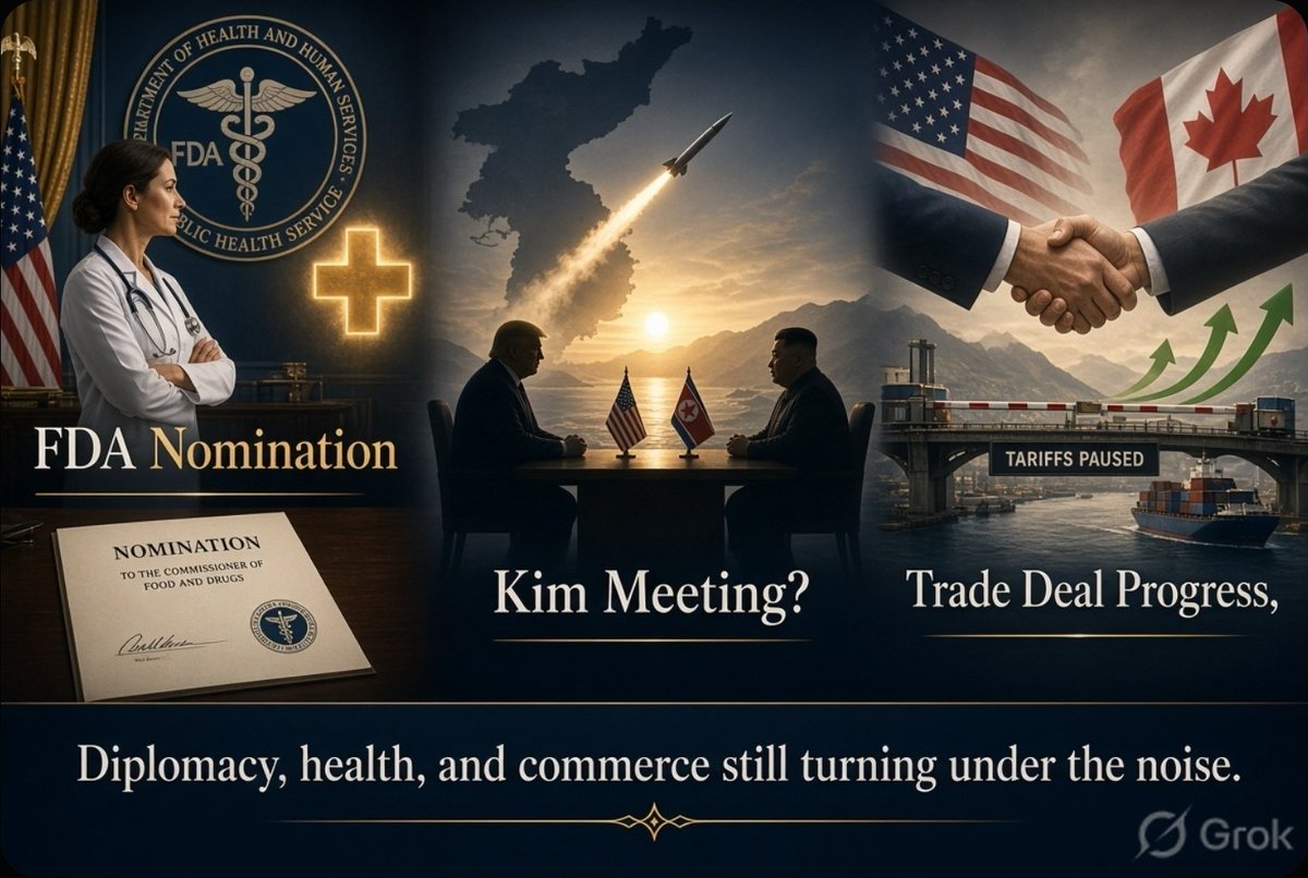 VishalPachera's tweet photo. Quiet power moves while the big headlines rage:  

🏛️ Trump nominates Heidi Overton to lead the FDA  

🇰🇵 North Korea fires a missile as Trump signals a Kim meeting this year  

🇨🇦 US & Canada edge toward a trade deal, tariffs delayed  

Diplomacy, health, and commerce still turning under the noise.  

Which one could matter most long-term?  

#FDA #NorthKorea #TradeDeal #BreakingNews #Trump #Diplomacy