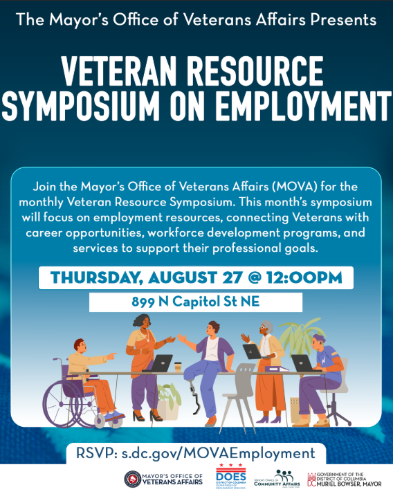 DCHumanServ's tweet photo. ATTN: DC VETERANS

@dc_ova's Veteran Resource Symposium this month will focus on employment resources. @DOES_DC will share info on employment programs, workforce resources &amp; opportunities available to you.

🗓️Thu, 8/27 @ 12PM
📍899 N Capitol St NE

RSVP: https://t.co/mHGUF2ThPK https://t.co/oUWW7Qfssh