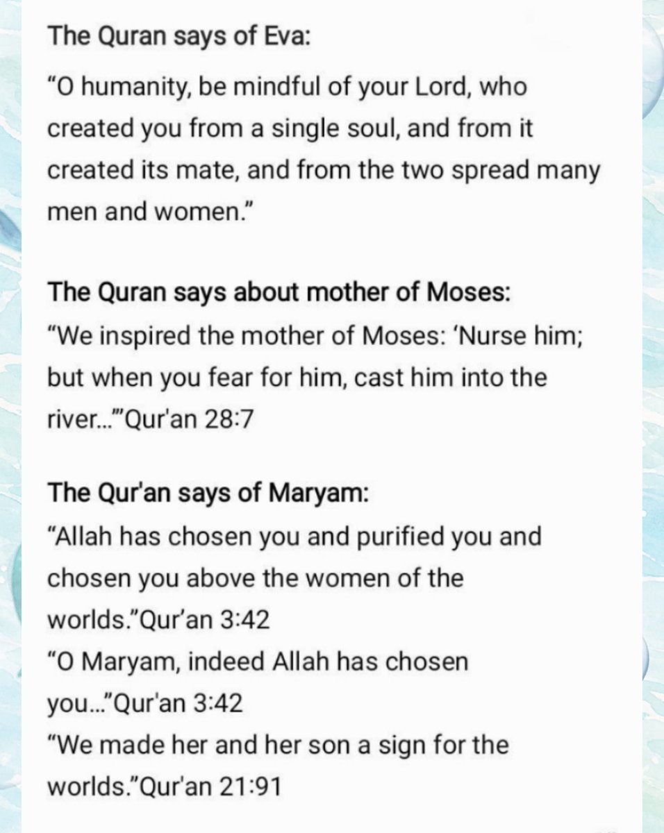 EsquireZac's tweet photo. The Qur'an places acts of divine manifestation through women.
"mother of Moses"27:7, “Maryam” 66:12
"Our women (Fatima)"3:61
The miracle is not merely the birth of a child. The miracle is the continuity of divine guidance through the Prophet's family "Al-Kawthar (Fatima)."108:1. https://t.co/7fXXOfxyzE