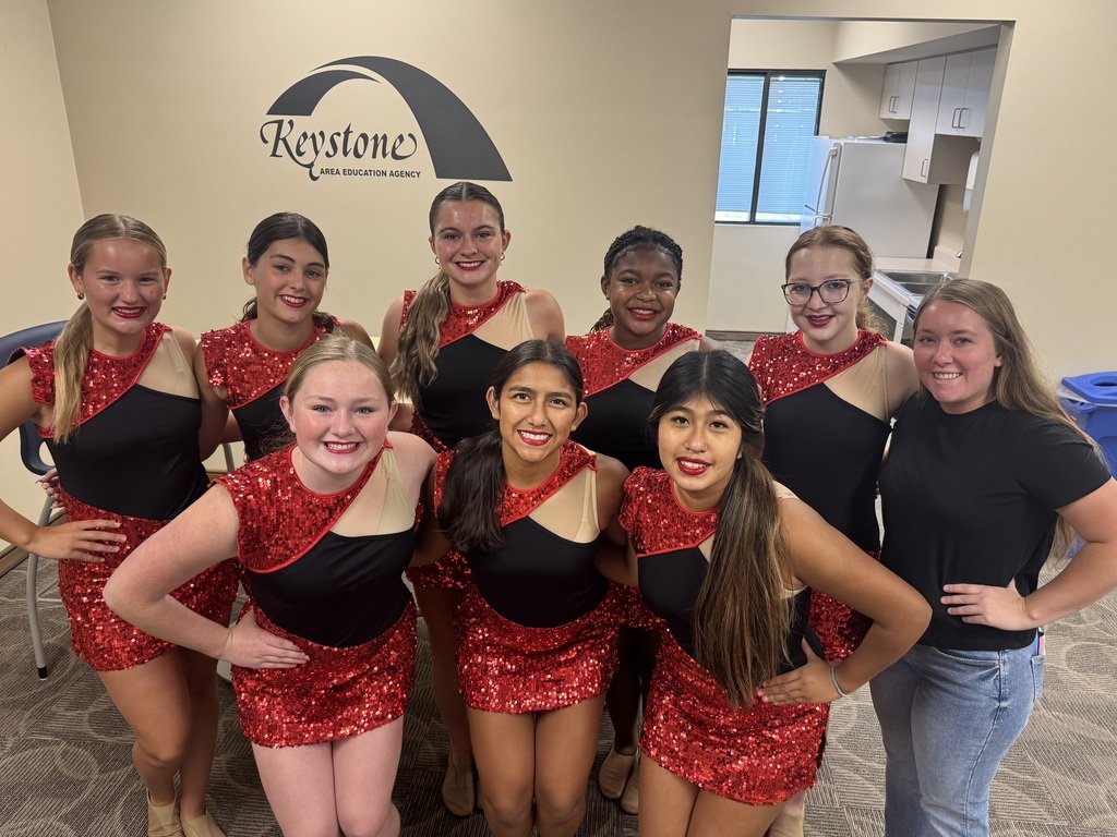KeystoneAEA's tweet photo. Thank you again to the Clayton Ridge Drill Team and Coach Kaitlyn  for the enthusiastic WELCOME BACK this AM !  Special education staff was surprised and the energy was contagious as we started our journey for 2026-2027 school year! #loveyourjob #studentfocus #WelcomebackKeystone https://t.co/uB4CuDV1SB