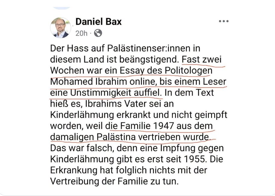 MaralSalmassi's tweet photo. Die Islam-Linke tut wieder, was sie am besten kann: Märchen erzählen, bis sich die Balken biegen. Kaum fliegt einem islamistischen oder antisemitischen Märchenonkel wieder eine erfundene Geschichte um die Ohren, eilt Bax mit einem argumentativen Salto zu Hilfe.

Aus einer entlarvten Falschbehauptung wird kurzerhand „Hass auf Palästinenser“, aus der Flucht während des Unabhängigkeitskriegs wird eine Vertreibung im Jahr 1947. So verschiebt Bax wieder einmal die Debatte weg von Mohamed und hin zum bösen Israel – ohne Israel auch nur ein einziges Mal zu nennen.

Da können selbst schiitische Taqiyya-Meister noch viel dazulernen.