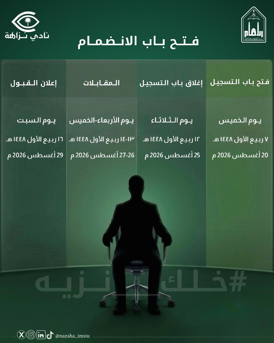 nazaha_imsiu's tweet photo. يسرّ #نادي_نزاهة في #جامعة_الإمام الإعلان عن فتح باب الانضمام للفصل الدراسي الأول من عام 1448هـ، انضم إلى بيئة تُسهم في صناعة الوعي وبناء أثرٍ مستدام يخدم الوطن والمجتمع🌟

#خلك_نزيه🫵🏽
وكن جزءًا من فريقٍ يحمل رسالة وطن💚
#نبراس_النزاهة #رسالة_وطن

https://t.co/w4wlqEynVB https://t.co/38g1x8aHpD