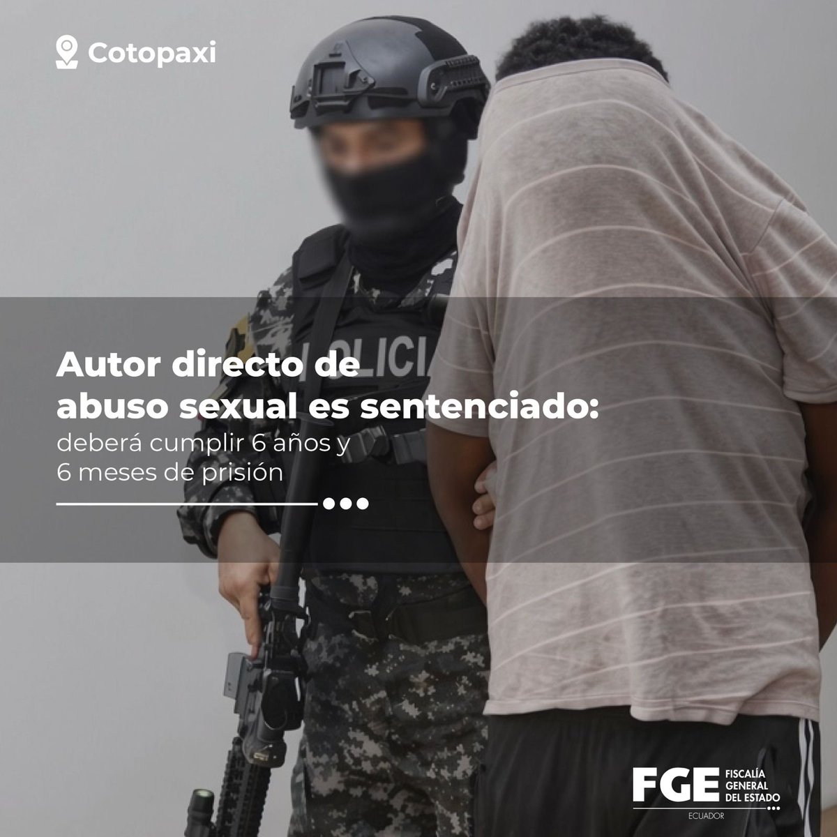 FiscaliaEcuador's tweet photo. #BoletínFGE | #Cotopaxi: con base en la carga probatoria de #FiscalíaEc, Paúl Alexander T. C. es sentenciado a una pena agravada por el delito de #AbusoSexual. El hecho ocurrió al interior de un juego de diversiones, en #Pujilí.
Más información ⬇️
https://t.co/JSyIcYud1u https://t.co/A5jo2QNGvy