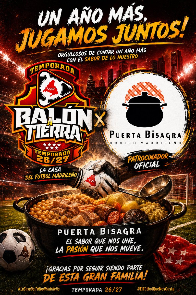 Balon_Tierra's tweet photo. Una noticia que nos abre el apetito es poder decir que @puertabisagra y BALÓN A TIERRA continúan juntos una temporada más.

Y es que en BAT somos de buen comer y que mejor sitio que @puertabisagra .

Además que nada más madrileño que un buen COCIDO MADRILEÑO 🍲🥄.

#LaCasaDelFútbolMadrileño
#ElFútbolQueNosGusta
#Bat