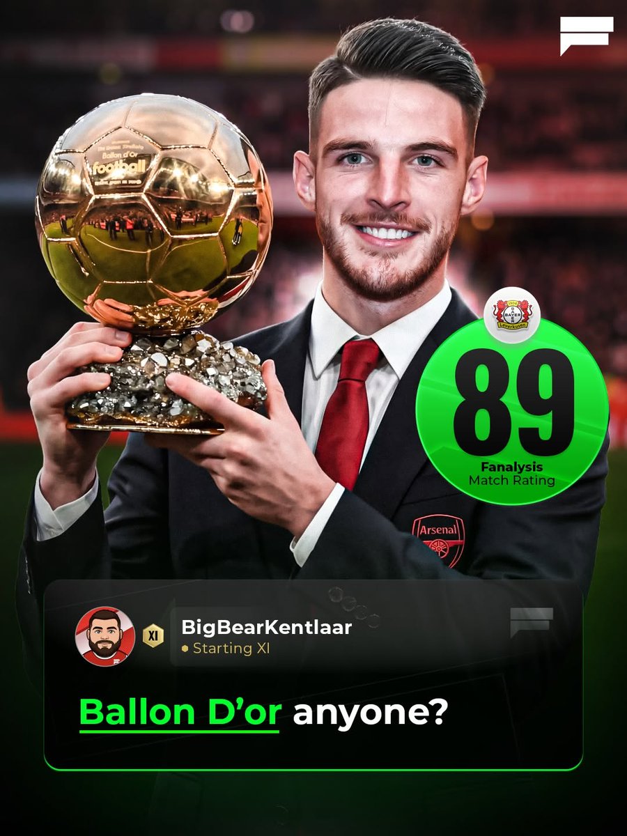 pearlden2ka's tweet photo. Declan Rice for Ballon d’Or? 🔮🏴󠁧󠁢󠁥󠁮󠁧󠁿

Arsenal’s midfielder played a key role in their 2-0 victory over Leverkusen to advance in the Champions League Quarter-Final, and one of our Fanalysis Starting XI members made a strong statement… 👀

Can he do it... https://t.co/lsmTO2KLFx