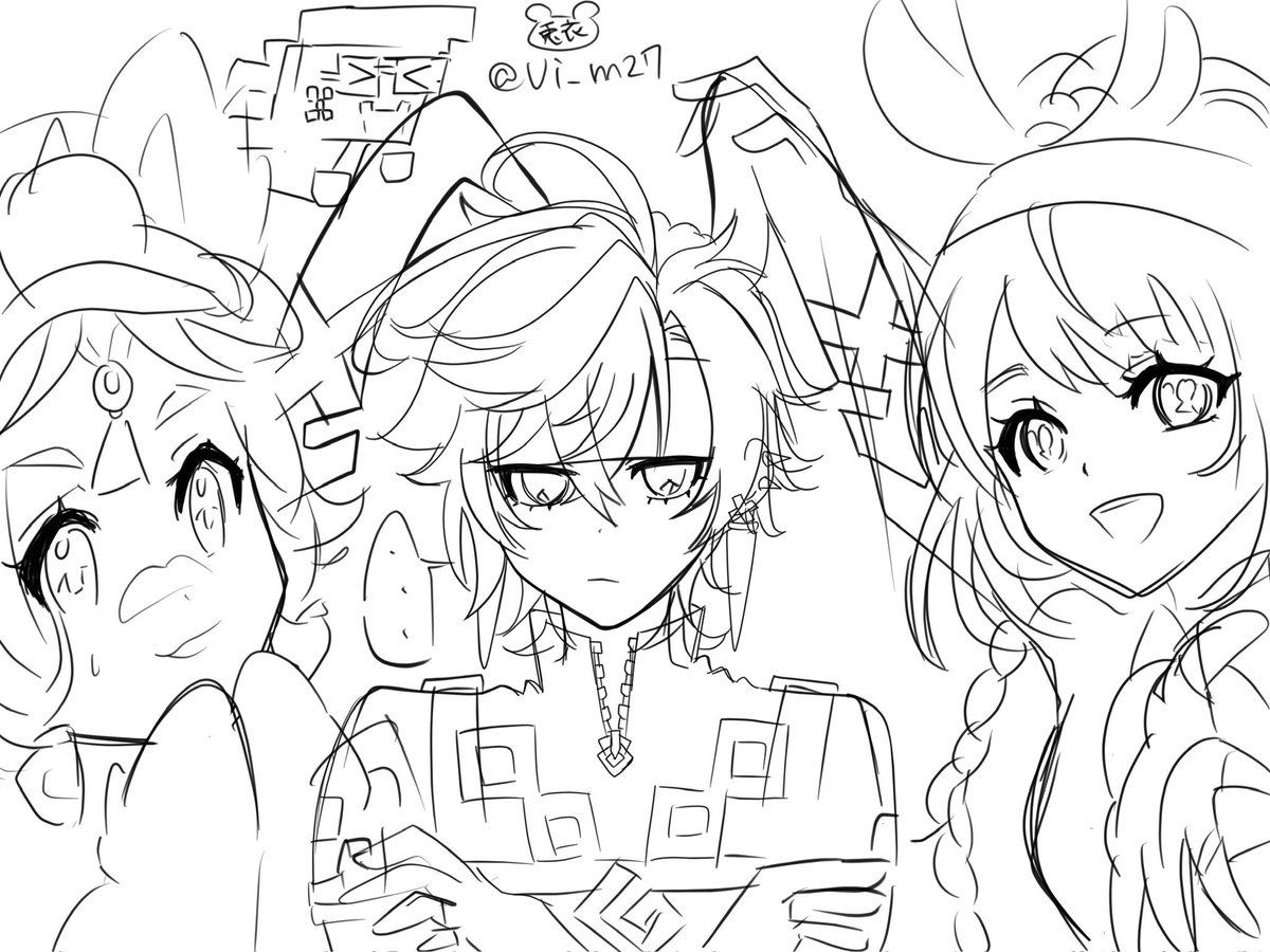 Ui_m27's tweet photo. バニーの日はどう足掻いても間に合わないラフ？で終了ごめんなさい0(:3 _ )～

(ニチさんのバンダナをうさ耳にする御三家を描きたかった https://t.co/i8z30C067z