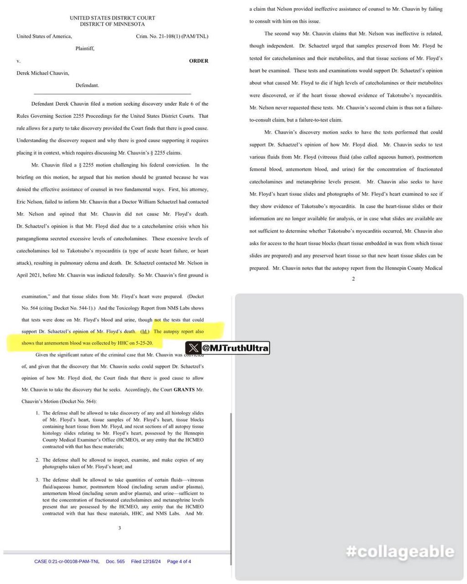 MJTruthUltra's tweet photo. Did you know… George Floyd was ALIVE when he arrived at the Hospital?

A court ruling allowed Derek Chauvin to test the heart tissue of George Floyd.

“The autopsy report shows that antemortem blood was collected by HHC on 5-25-2020”

By definition…. Antemortem, means BEFORE DEATH. 

The autopsy report (public since June 2020) and the court order referencing it do state that antemortem blood was collected by Hennepin HealthCare (HHC) on May 25, 2020. 

Specifically, toxicology testing used antemortem blood specimens collected at HHC at 9:00 p.m., and there is also reference to an antemortem peripheral blood smear from a CBC at that time. 

“Antemortem” means before death, so this is correct by definition. 

George Floyd was alive for roughly 41 minutes after Derek Chauvin.