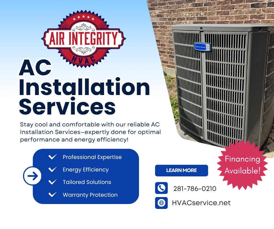 air_integrity's tweet photo. Don't wait until your old system fails on the hottest day of the year. Invest in comfort, savings, and your family's well-being with a new energy-efficient A/C system.

📞 Call Air Integrity today for your free estimate and learn about available financing options. 

281-786-0210 https://t.co/6XEbfhHpl8