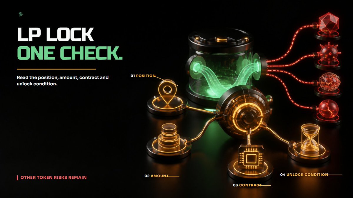 CryptoPASSP0RT's tweet photo. An LP lock tells you that a specific liquidity position is subject to a lock condition.

The useful questions are: which position, how much, under which contract and until when?

 It does not answer every other risk question around the token. https://t.co/y1PlTYZLYN