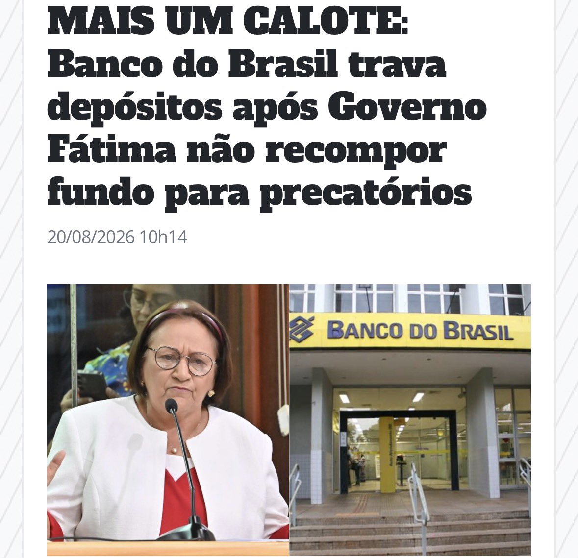 GeneralGirao's tweet photo. O Banco do Brasil suspendeu depósitos judiciais após mais um calote do governo Fátima. É o colapso total: fornecedores sem receber, terceirizados da saúde em greve e serviços paralisados. Sobra propaganda mentirosa, falta vergonha na cara! O povo potiguar não aguenta mais a incompetência dessa gestão desastrosa. A paciência acabou! Em outubro, a nossa resposta será implacável nas urnas. É a nossa chance de varrer esse desgoverno de vez e libertar o nosso estado!