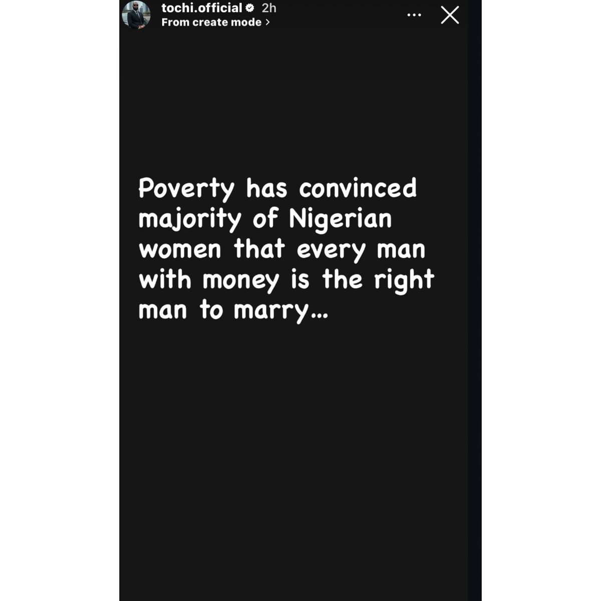 instablog9ja's tweet photo. Poverty has convinced a some Nigerian women that every man with money is the right man to marry — BBN’s Tochi https://t.co/EMkTF5BR7Z