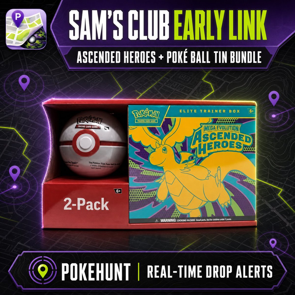 pokehuntdotfun's tweet photo. 🚨♣️ SAM’S CLUB POKÉMON EARLY LINK! ♣️🚨

An early page has surfaced for the Ascended Heroes + Poké Ball Tin Bundle! 👀🔥

The page loads, but the product image and full details have not populated yet. Save it to your wishlist now so you’re ready if it goes live 🔔

🎁 ASCENDED HEROES + POKÉ BALL TIN BUNDLE
https://t.co/VYN8bvFFQg

🪪 NEED A SAM’S CLUB MEMBERSHIP?
Check the current membership offer here:
https://t.co/gVjynbG4E4

⚠️ We do not know yet whether this release will require a regular Club membership or Sam’s Club Plus. The last comparable online Pokémon drop required Plus, but nothing has been confirmed for this bundle.

We’ll post again as soon as the image, price, release information, or purchase requirements appear! 👀🔔

#ad Affiliate links above. PokeHunt may earn a commission at no extra cost to you.

DON’T HUNT BLIND 🗺️🔔
📲 PokeHunt App: https://t.co/3S1AUnnHBi
💬 Join the Discord: https://t.co/lrjht7umkC

#PokemonTCG #SamsClub #AscendedHeroes #PokemonCards #PokeHunt