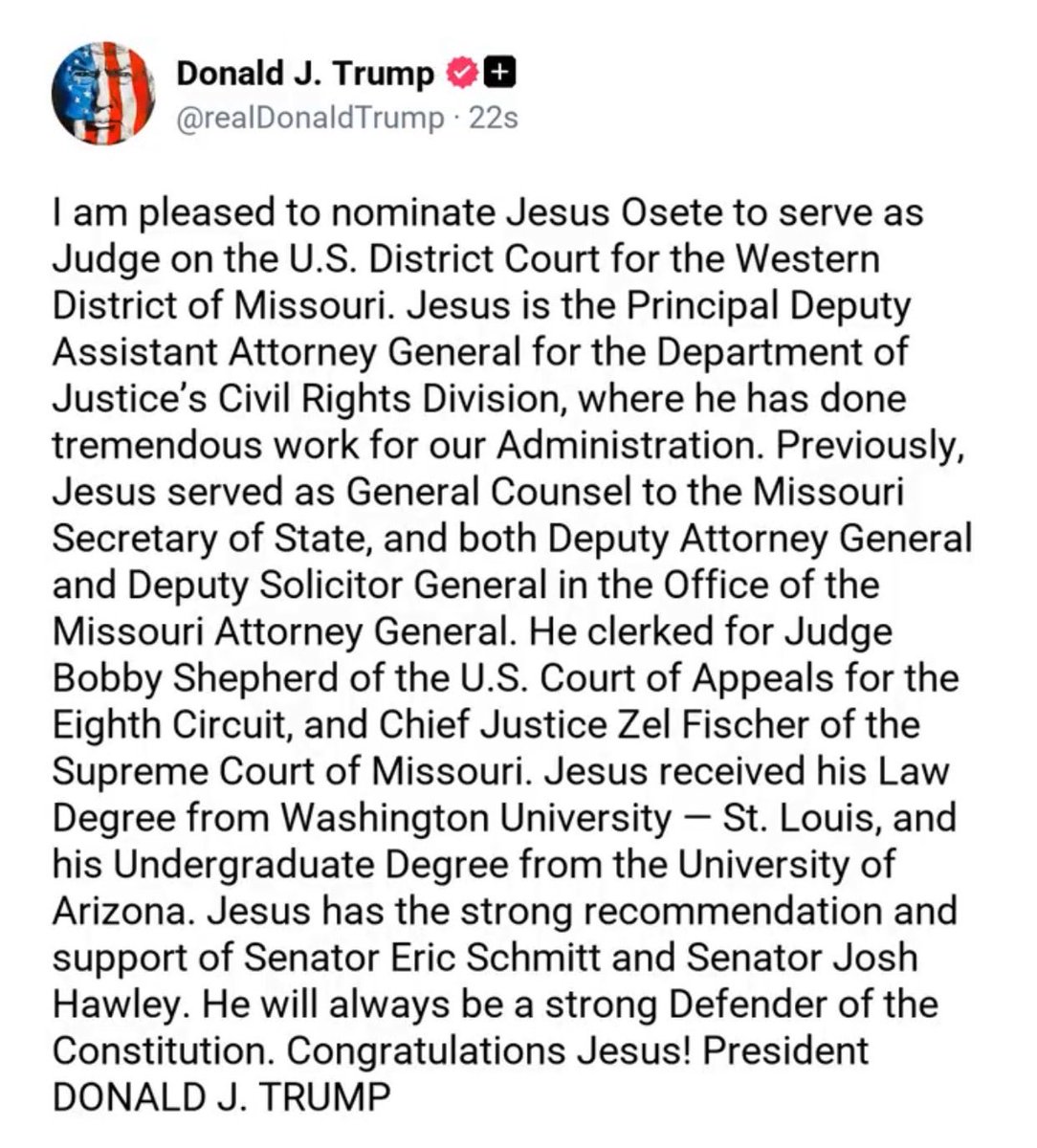 AAGDhillon's tweet photo. I’m incredibly proud of @JesusOseteDOJ, the outstanding Principal Deputy of @CivilRights. A brilliant, accomplished, and principled lawyer who stepped away from a successful private career to serve his country, and who should be swiftly confirmed. Thank you, President Trump! https://t.co/AFweFJrdHw