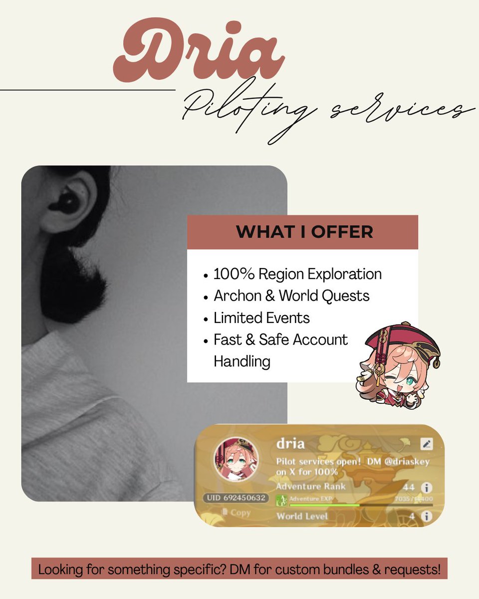 driaskey's tweet photo. Too busy to grind Genshin? Let me handle it! 🗺️✨Active since v2.6, offering safe &amp; reliable piloting for quests, map exploration, and events!🎉 20% OFF for my first 3 clients!📩 DMs open for custom requests &amp; inquiries! https://t.co/PsSUvaq2Gd