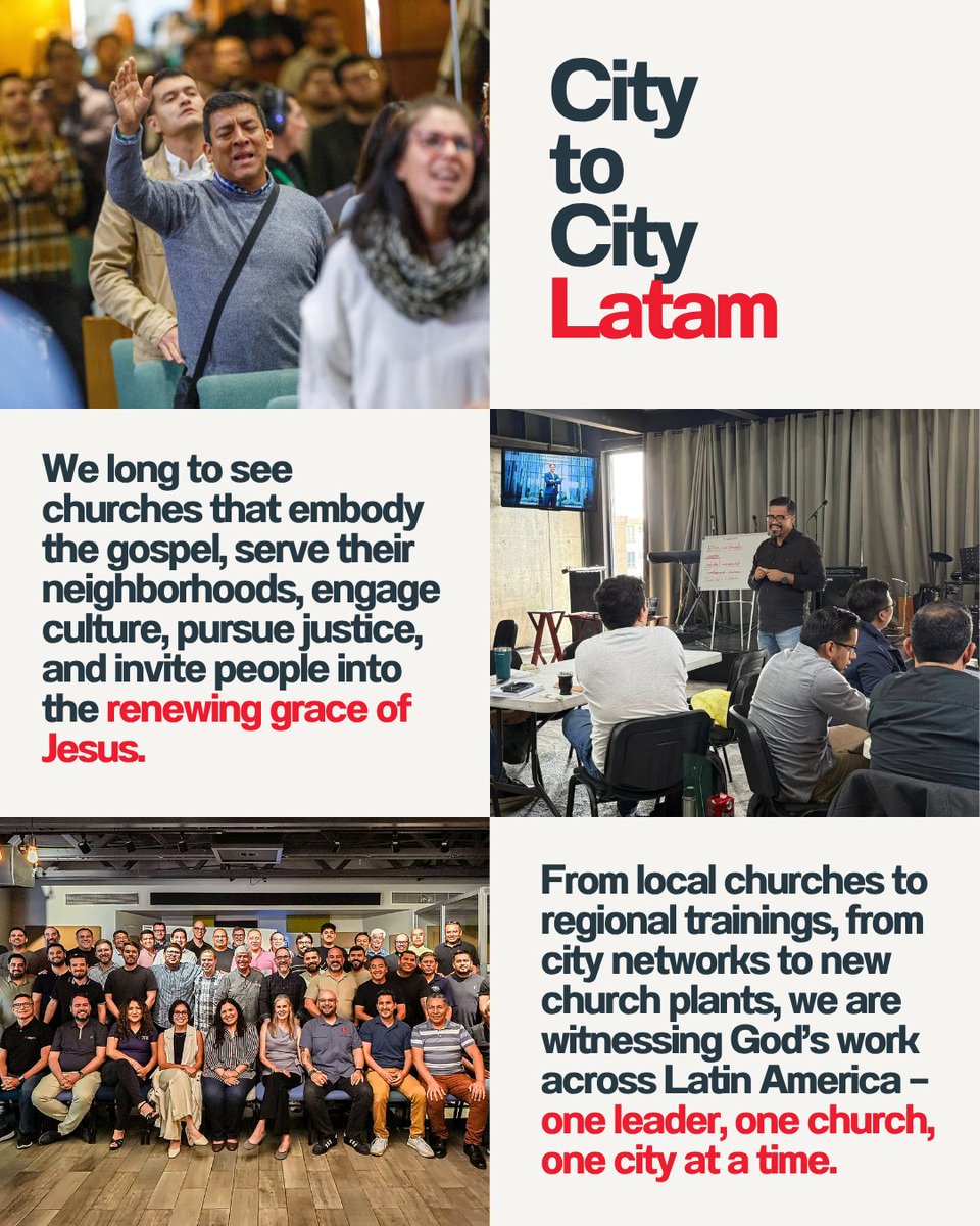 RedeemerCTC's tweet photo. What is God doing across Latin America?

He is forming leaders.

Across the region, we see pastors, church planters, ministry leaders, coaches, men and women leaders, and cultural leaders being equipped to serve their cities with the depth of the gospel, the care of community, and a renewed vision for mission.

Through training, coaching, city networks, church planting initiatives, Parakaleo, faith and work, and leadership development, City to City Latin America walks alongside local leaders as they plant, renew, and strengthen churches in their own contexts.

But this work is not simply about programs.

It is about leaders being formed by grace.
Churches being renewed by the gospel.
Communities being served with love.
Cities being engaged with hope.

We are grateful to witness God raising up leaders across Latin America who long to see their cities renewed through the gospel of Jesus Christ.

City to City América Latina

#CityToCity #CTCLatinAmerica #ChurchPlanting #GospelRenewal #LeadershipDevelopment #LatinAmerica #RedeemerCityToCity