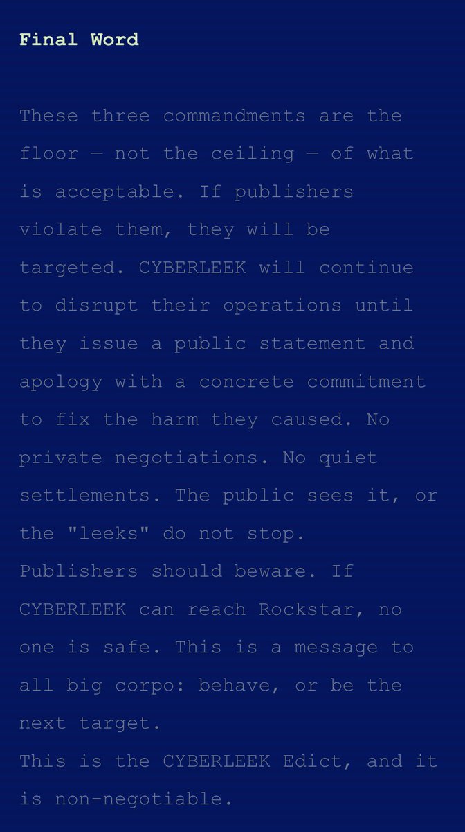 TheGameVerse's tweet photo. NEW: GTA 6 leaker CyberLeek has issued a final statement, warning the entire gaming industry and demanding a public statement and apology from Rockstar Games.

“CYBERLEEK will continue to disrupt their operations until they issue a public statement and apology with a concrete commitment to fix the harm they caused. No private negotiations. No quiet settlements.”