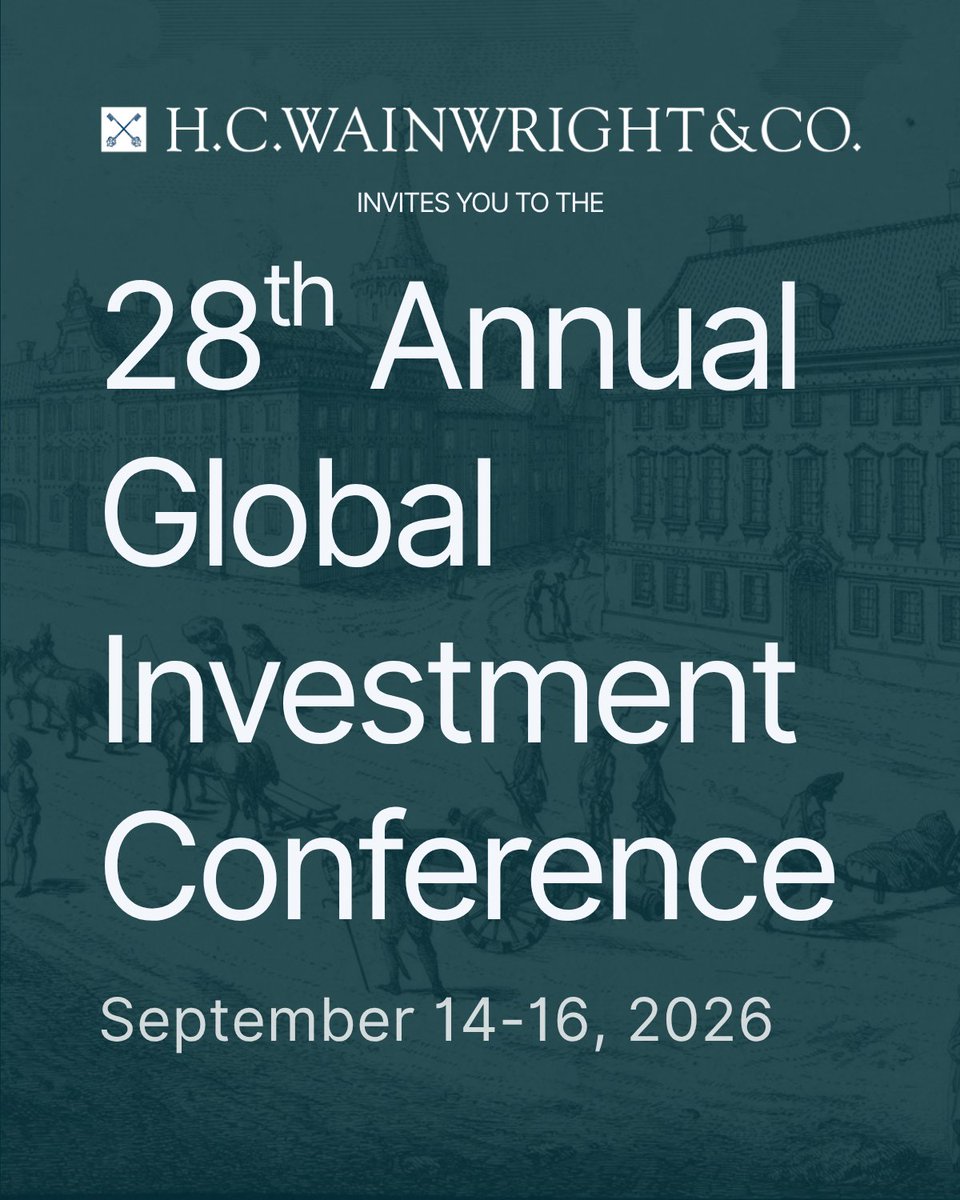 HCWCO's tweet photo. H.C. Wainwright & Co. is pleased to announce our 28th Annual Global Investment Conference, taking place September 14–16.

Join us as we bring together cutting-edge companies, institutional investors, and industry leaders for three days of dialogue, company presentations, and networking across our sectors of focus.

Please register through the link here: https://t.co/u145SBUzO8.

Attendance is limited to verified institutional investors. Registrations are non-transferable, and all attendees are subject to pre-approval.