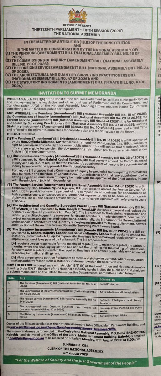 augustusmwas's tweet photo. There is an invitation to submit memoranda on a bill that seeks to repeal  and replace the architects and quantity surveyors act, cap 525. The national assembly is taking views up to Monday 31st August 2026. Built environment professionals changamkeni https://t.co/VoENjlSnB2