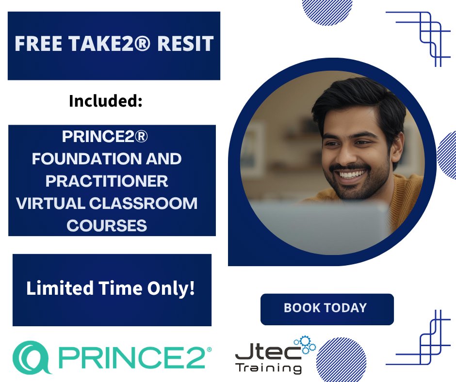 jtectrain's tweet photo. One of the biggest concerns we hear from delegates is exam confidence

That is why eligible PRINCE2® courses booked during our August Advancement Event include FREE Take2® Resit

An additional exam attempt if required

It’s extra reassurance that gives delegates more confidence! https://t.co/x5ypxObXbn