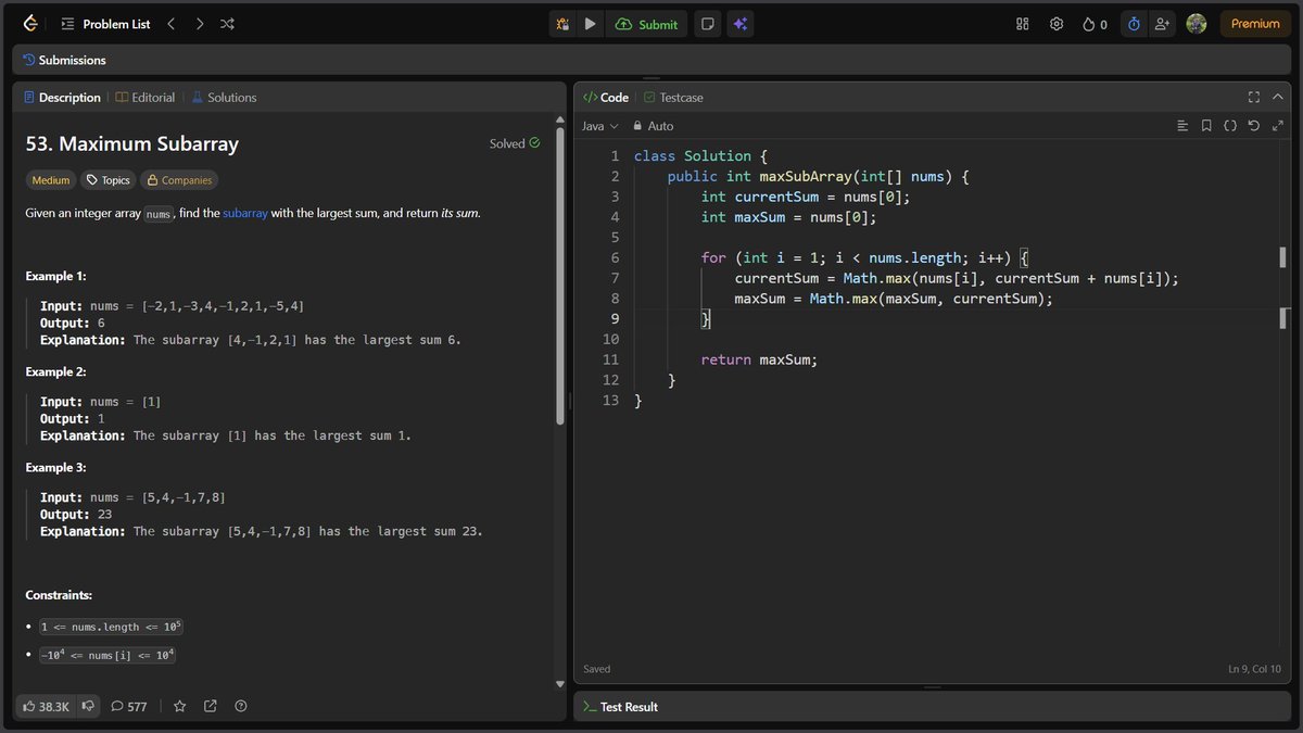Deo__Ashish's tweet photo. Day 11/100 — #100DaysOfLeetCode 🚀

Solved Maximum Subarray today using Kadane’s Algorithm.

Learned how to keep track of the current sum and maximum sum efficiently.

⏱️ O(n) | 💾 O(1)
11/100 🔥

#LeetCode #DSA #Java #100DaysOfCode https://t.co/dI8cbmwtFW