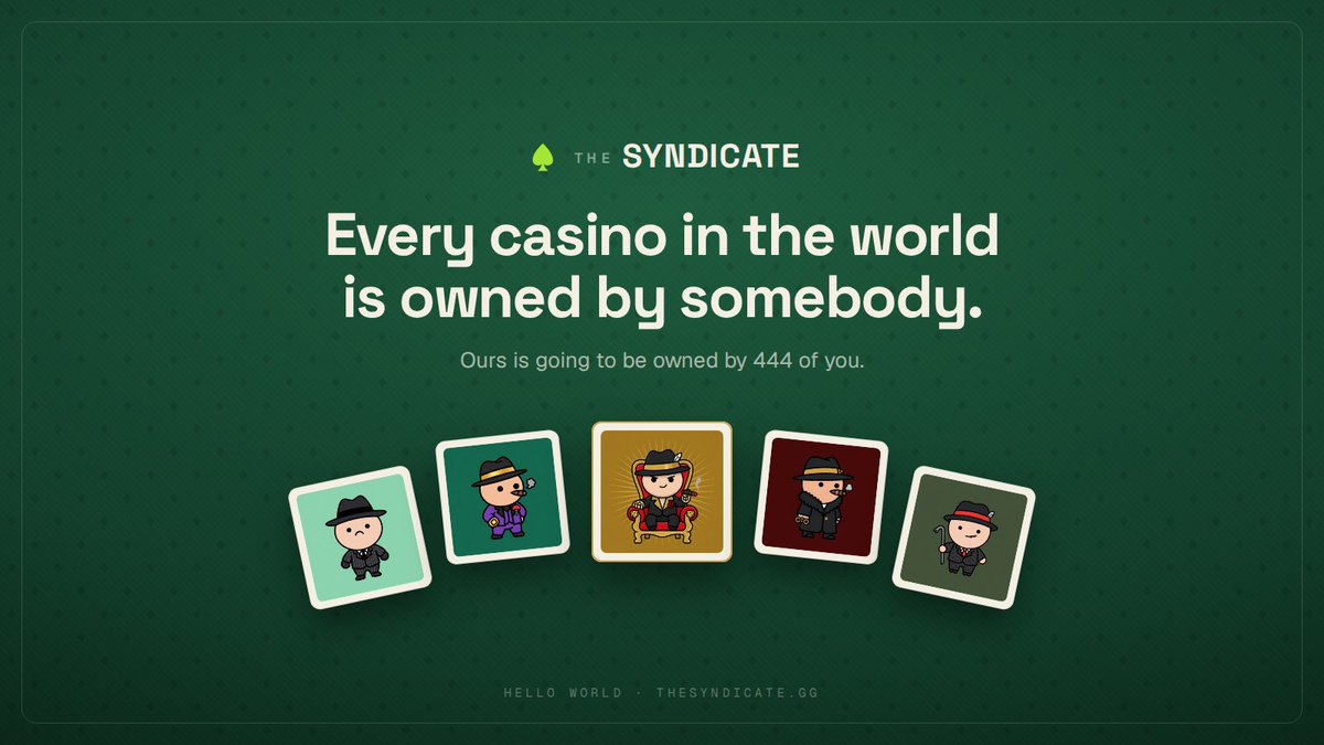 444Syndicate's tweet photo. Every casino in the world is owned by somebody.

Ours is going to be owned by 444 of you.

hello world. https://t.co/RsBnYeeOw6