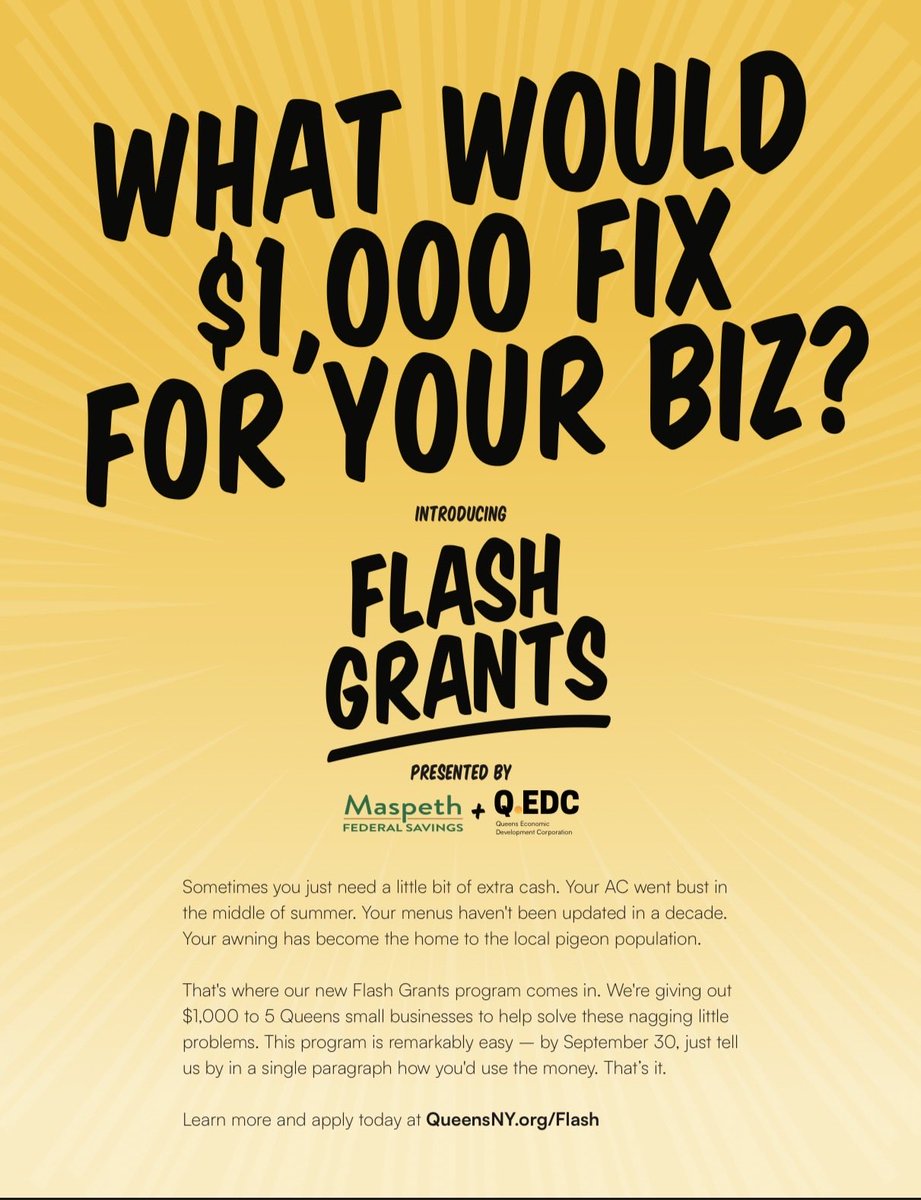 LeroyComrie's tweet photo. Queens small businesses: What could $1,000 help you fix?

The new Flash Grants program from Maspeth Federal Savings and QEDC will award $1,000 to five Queens small businesses for everyday business needs.

Apply by September 30 with one paragraph explaining how you’d use the funds https://t.co/aIaH5GmZNY