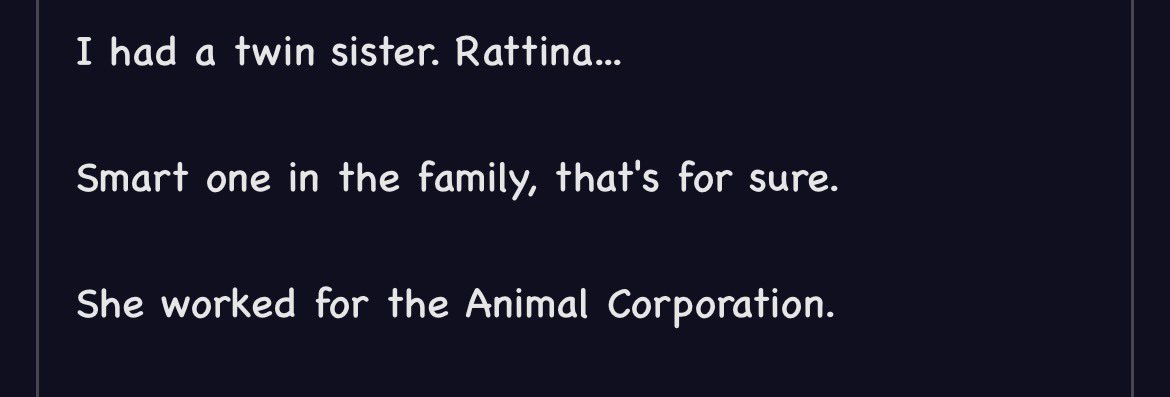Sillygoose363's tweet photo. Now that I’m re-reading stuff, somehow I am just now coming to the conclusion that Ratthew likely didn’t work for animal corp at all, which makes me think that the Agent R. Skin is more likely to be Rattina, which I like a little better https://t.co/LDIuVdtxyO