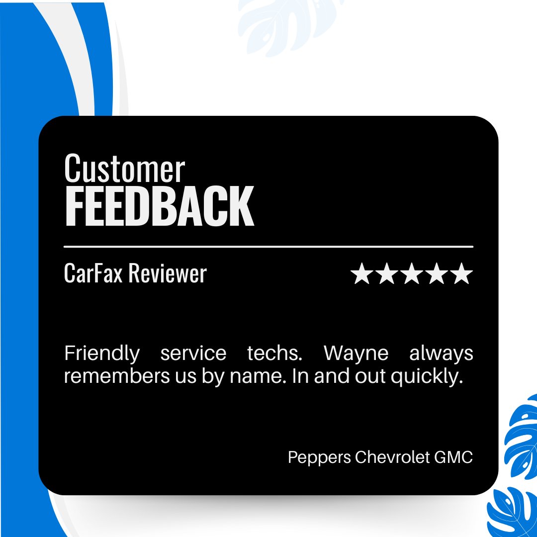 PeppersAuto's tweet photo. Thank you for your wonderful review! We’re glad you had a great experience with our service team at Peppers Chevrolet GMC. We appreciate your kind words about Wayne and look forward to seeing you again soon! https://t.co/2LIdU01Ncs