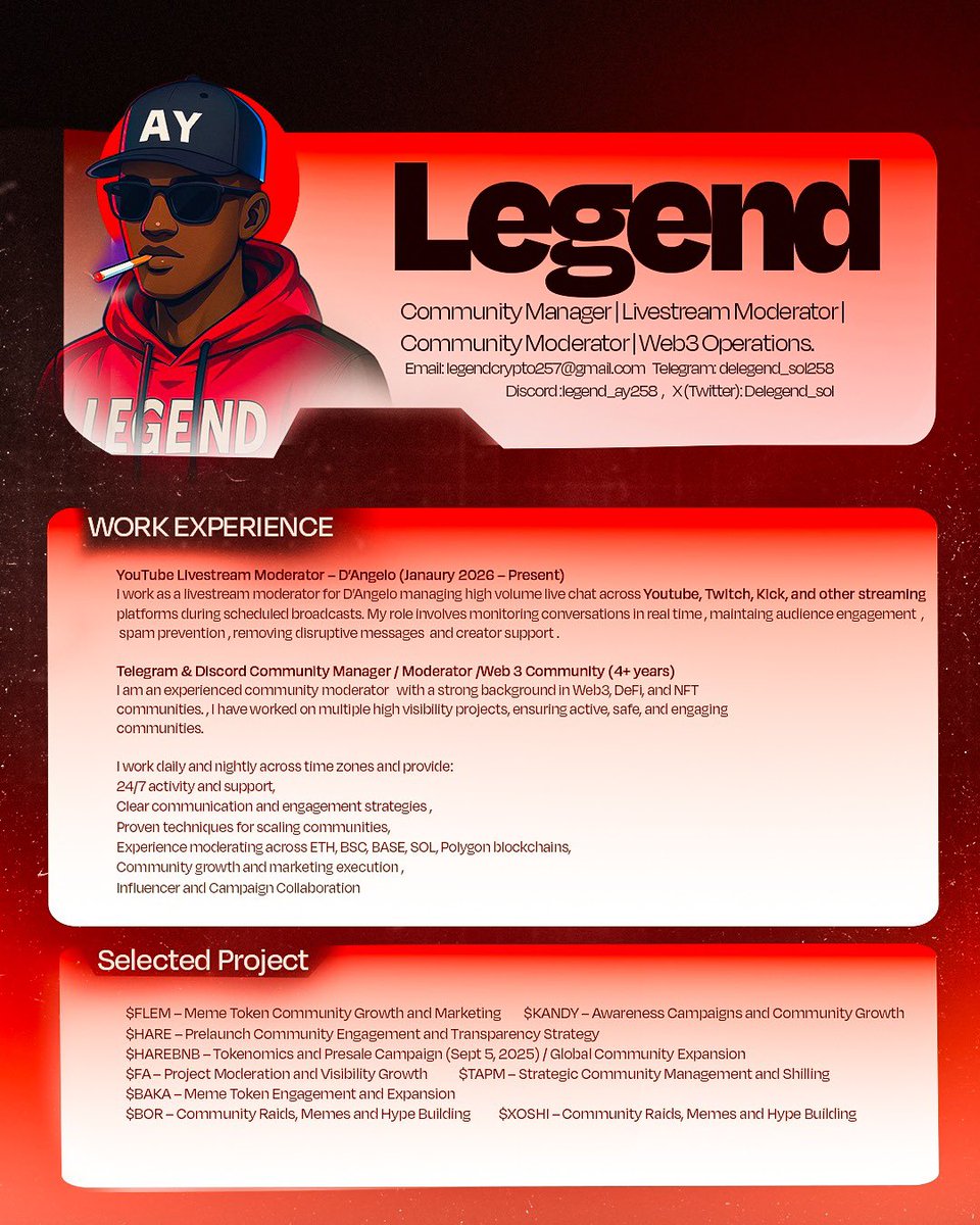 Delegend_sol's tweet photo. I’m currently looking for my next opportunity in Web3.

Community management, livestream moderation, social media or Web3 operations.

I’ve updated my resume with my recent experience working across YouTube, Twitch, Kick and other streaming platforms, alongside my 4+ years of experience in Web3 communities.

If you’re hiring, building a team, or know someone who is, my DMs are open.

RTs and referrals are genuinely appreciated.